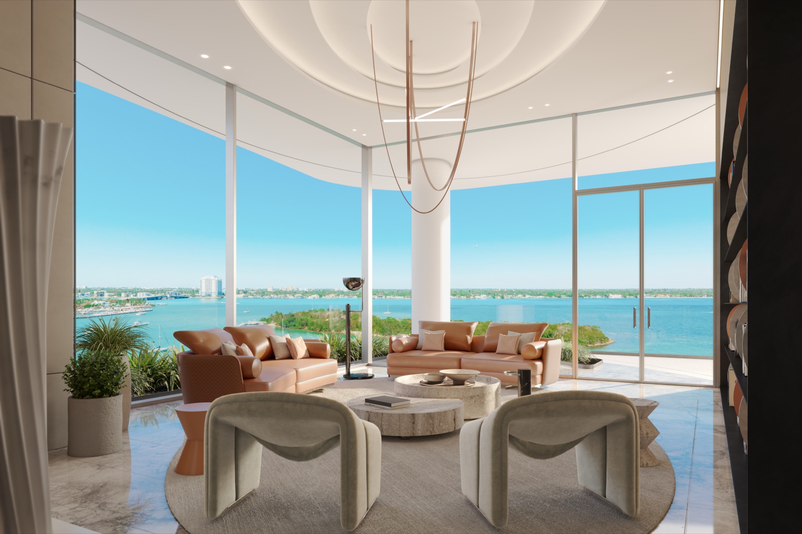 Pagani Residences library — hand-tailored built-ins, leather and brass detailing.