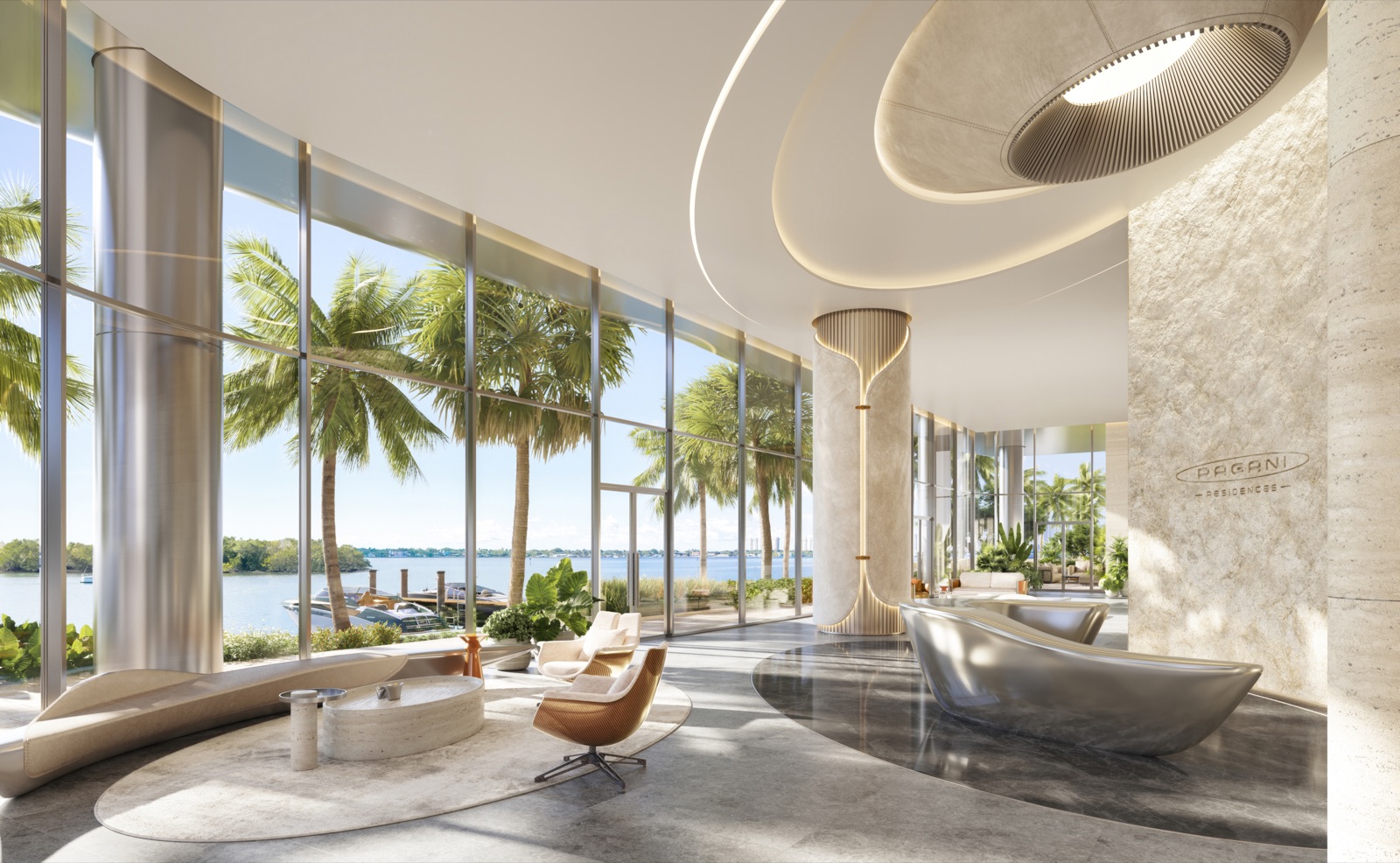 Pagani Residences waterfront lobby — sculptural circulation, leather and stone, 24/7 concierge.