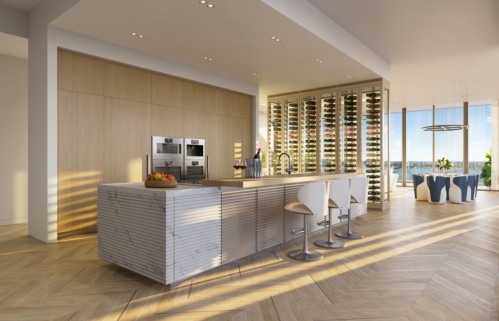 Schiffini Cinqueterre chef's kitchen in Carrara marble and Argento Veneziano aluminum.