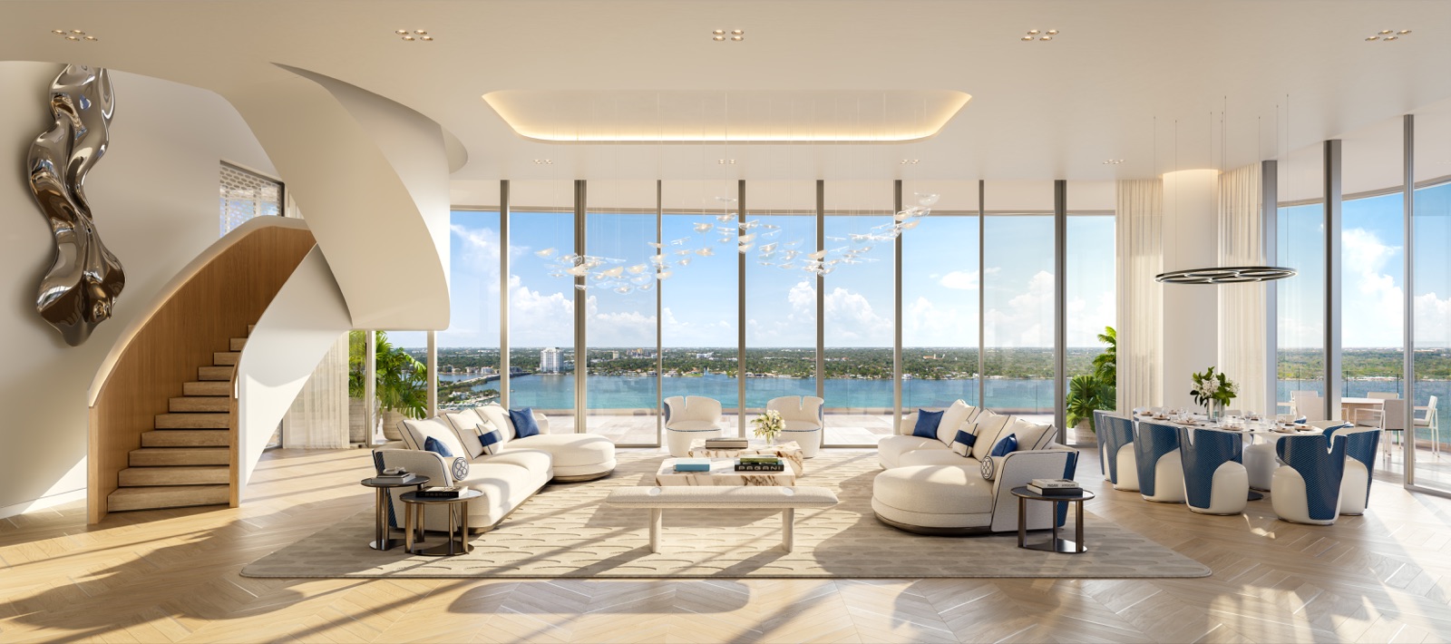 Pagani Penthouse great room with 13-foot ceilings, hand-tailored Pagani Arte finishes, and floor-to-ceiling glass.