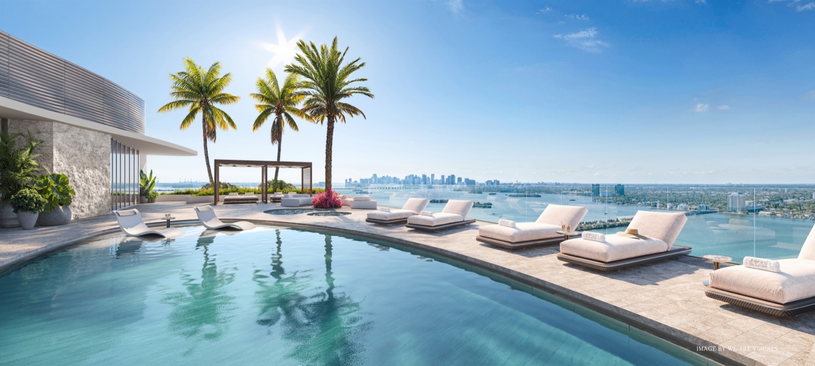 Pagani Residences rooftop pool — 360-degree panoramic views, cabanas, hot tub, cold plunge.