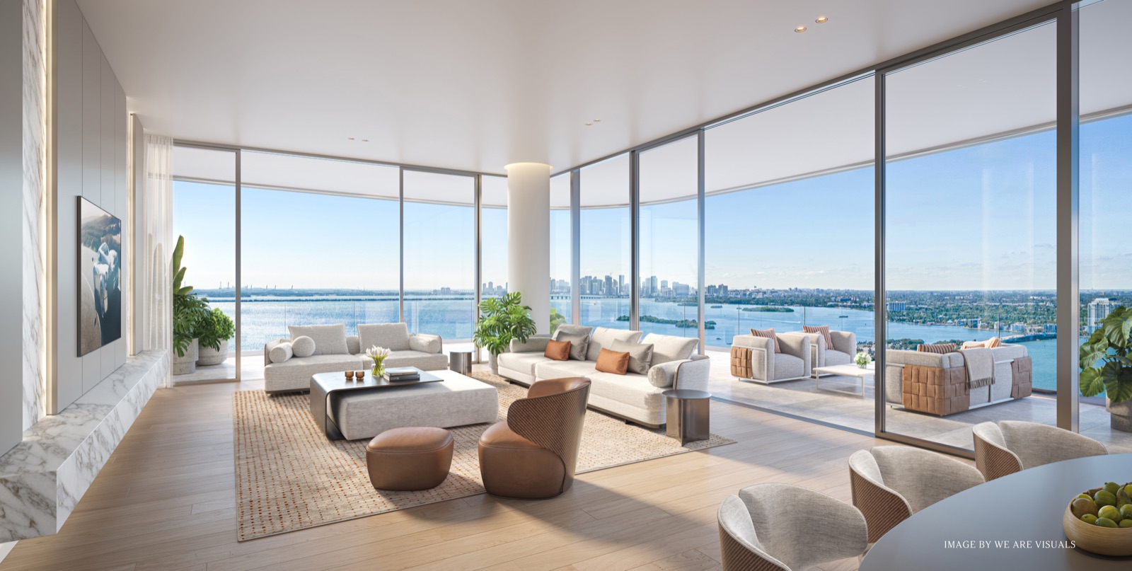 Pagani Residences great room — 11-foot ceilings, hand-tailored Pagani Arte interior, panoramic bay views.
