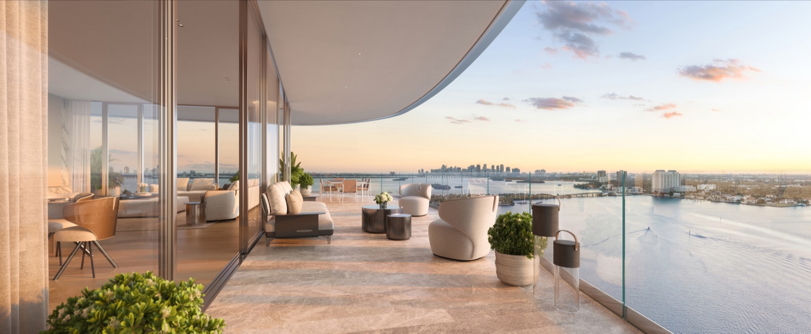 11-foot-deep terrace at Pagani Residences with seamless indoor-outdoor flow and Biscayne Bay views.