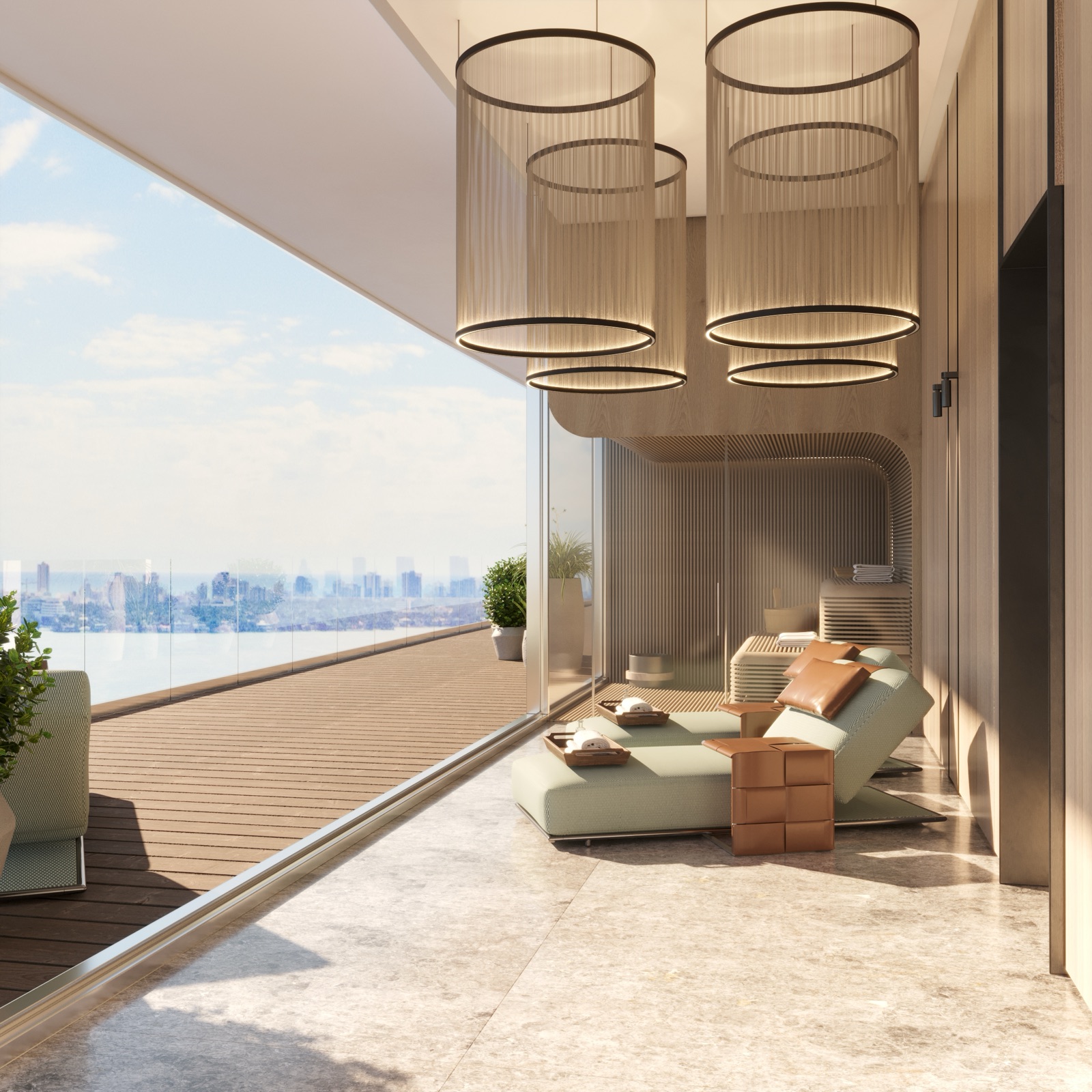 Pagani Residences spa with private treatment rooms, sauna, steam rooms, and waterfront views.